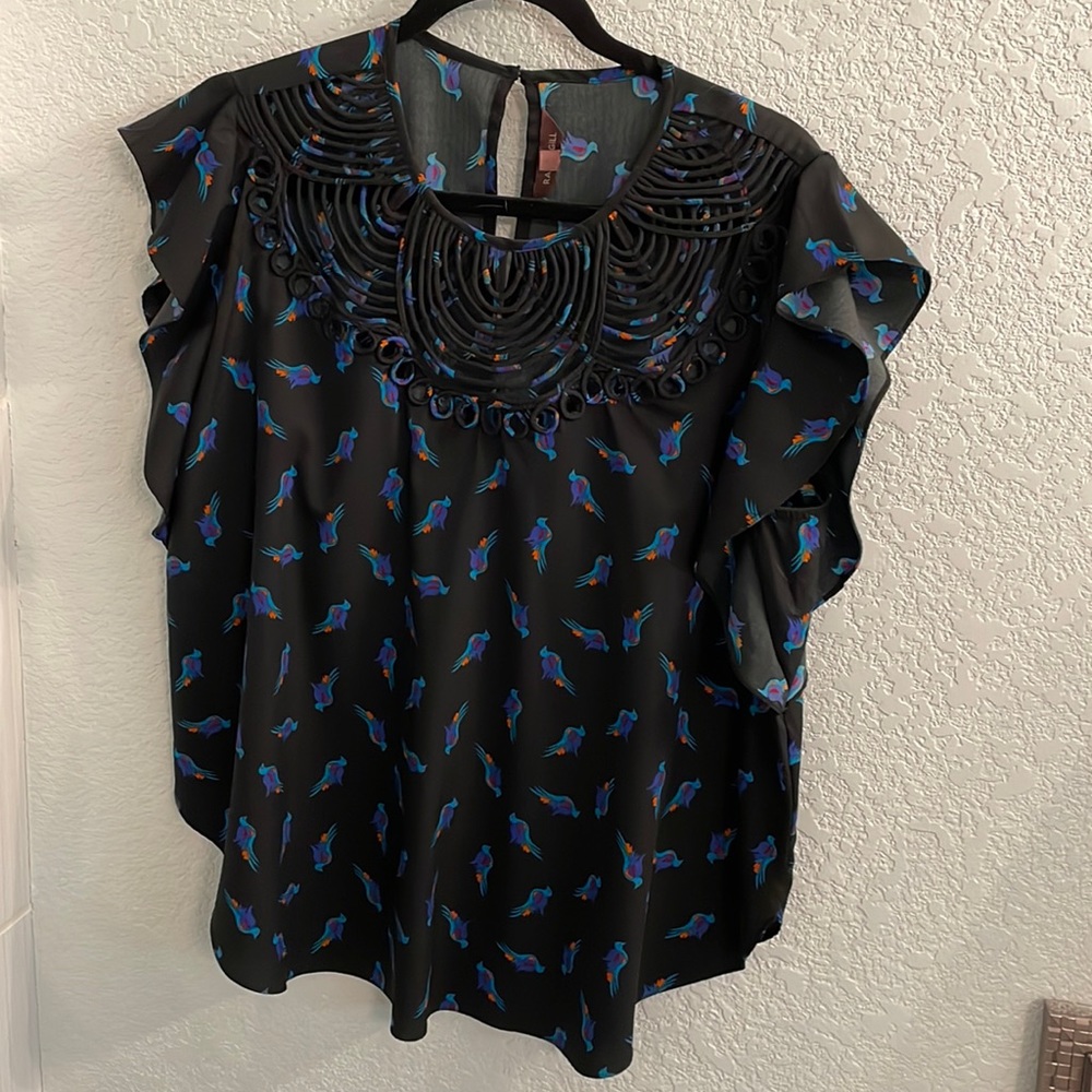 Anthropologie Black Blouse with Bird Detail